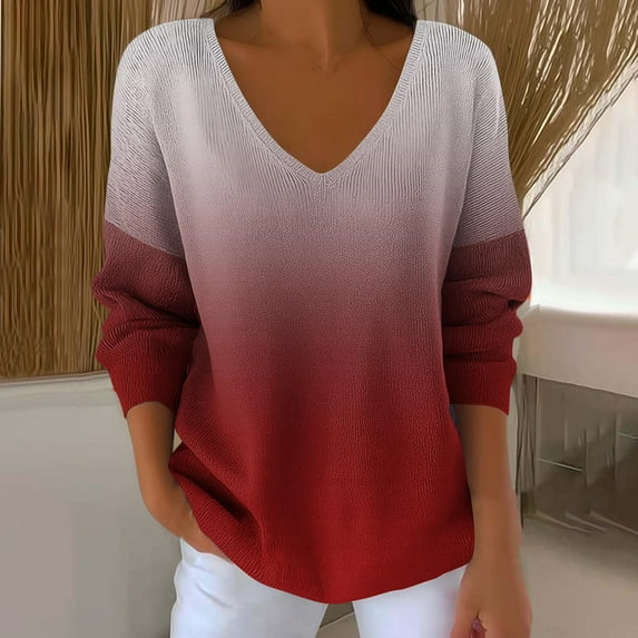 PNTUTB Fashion Women's V-Neck Long Sleeve Gradient Color Pullover Casual Loose Basic Top&Flash Picks