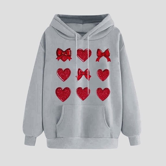 PNTUTB Fashion Women's Valentine's Day Heart Print Hooded Drawstring Pullover Loose Long Sleeve Sweatshirts with Pocket