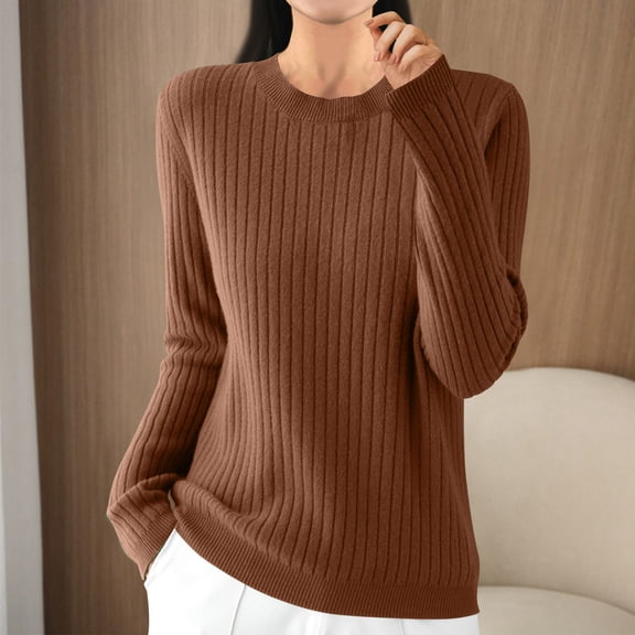 PNTUTB Fashion Women's Vertical Stripes Solid Color Versatile Crew Neck Long Sleeve Casual Comfort Tops