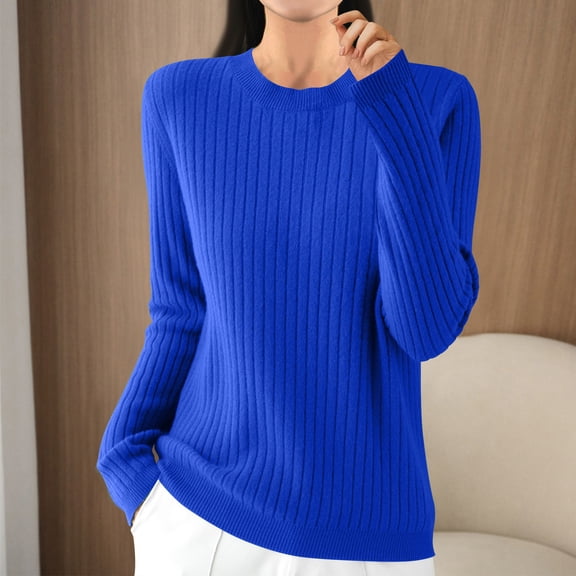 PNTUTB Fashion Women's Vertical Stripes Solid Color Versatile Crew Neck Long Sleeve Casual Comfort Tops
