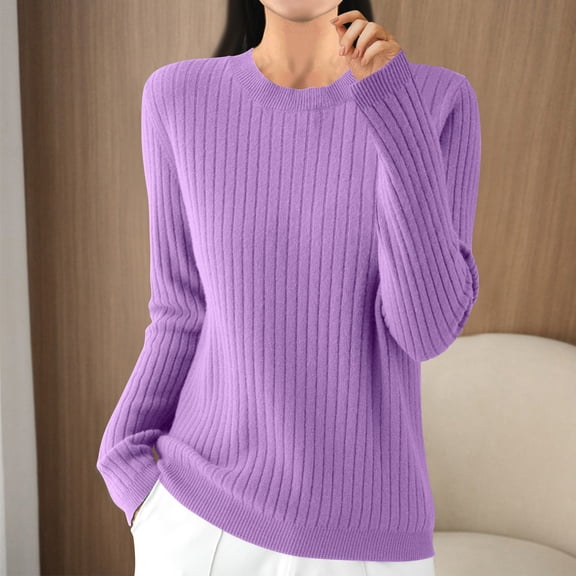 PNTUTB Fashion Women's Vertical Stripes Solid Color Versatile Crew Neck Long Sleeve Casual Comfort Tops