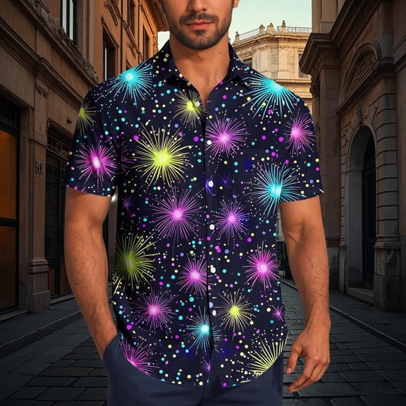 PNTUTB Fashionable Firework Print Men's Casual Loose Comfort Collared Button Down Short Sleeve Blouse