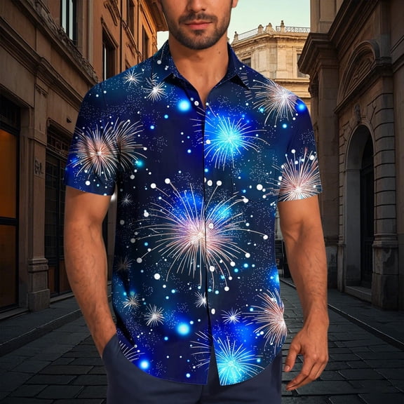 PNTUTB Fashionable Men's Firework Print Collared Button Down Casual Loose Comfort Short Sleeve Blouse