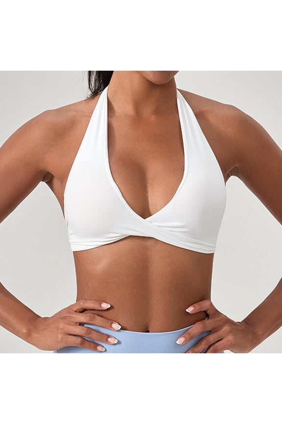 Fashionable Solid-Color Halter Neck Bra for Women,Yoga Quick-Dry Fitness Shock-Absorbing Push-Up V-Neck Wire-Free Sports Bra