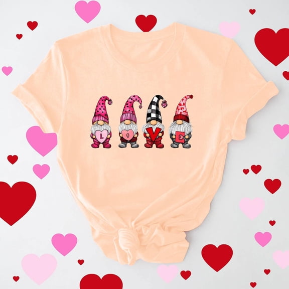 PNTUTB Fashionable Versatile Women's Valentine's Day Print Crew Neck Loose Short Sleeve Comfort T Shirts