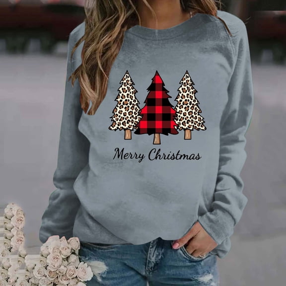 PNTUTB Fashionable Women's Christmas-Themed Print Casual Long Sleeve Crew Neck Cute Pullover Sweatshirt