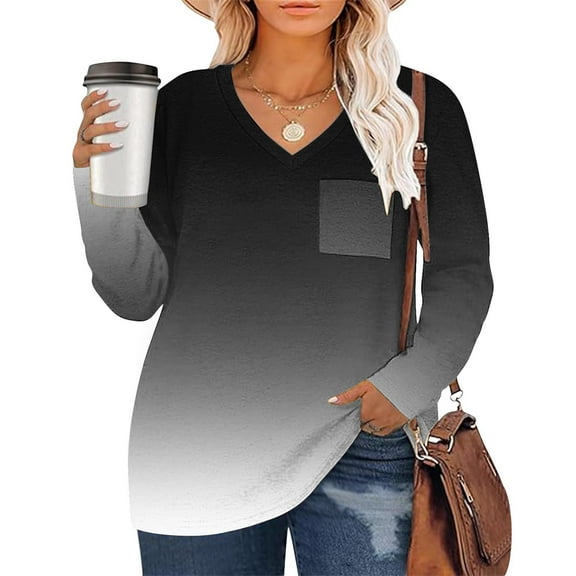 PNTUTB Fashionable Women's Gradient V-Neck Pocket Long Sleeve Relaxed Comfortable Oversized Top
