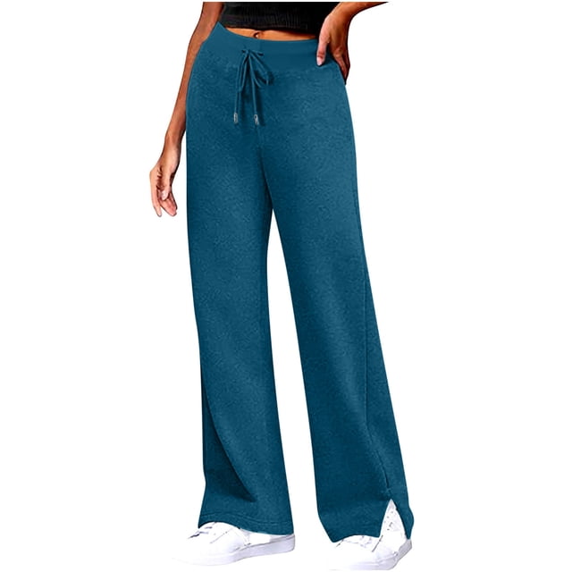 PNTUTB Fashionable Women's Solid Color Stretch Waist Drawstring Casual Slit Hem Wide Leg Pants with Pockets