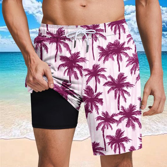 PNTUTB Hawaiian Fashion Men's Coconut Tree Print Casual Comfortable Elastic Drawstring Pocket Loose Lined Shorts