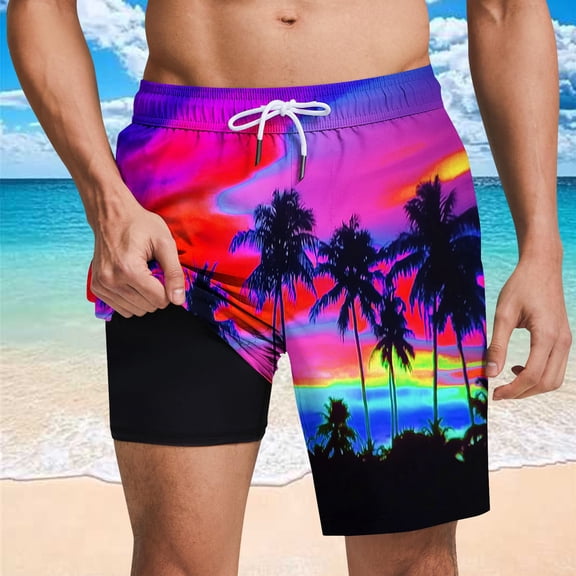 PNTUTB Hawaiian Fashion Men's Print Casual Comfortable Elastic Waist Drawstring Pocket Lined Beach Shorts