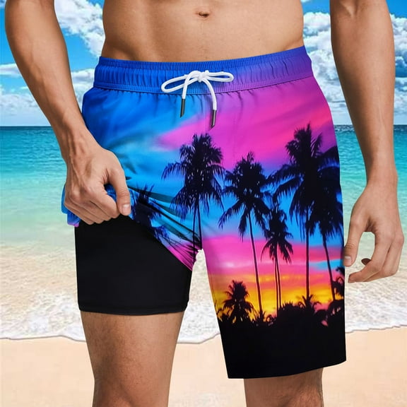 PNTUTB Hawaiian Fashion Men's Print Casual Comfortable Elastic Waist Drawstring Pocket Lined Beach Shorts