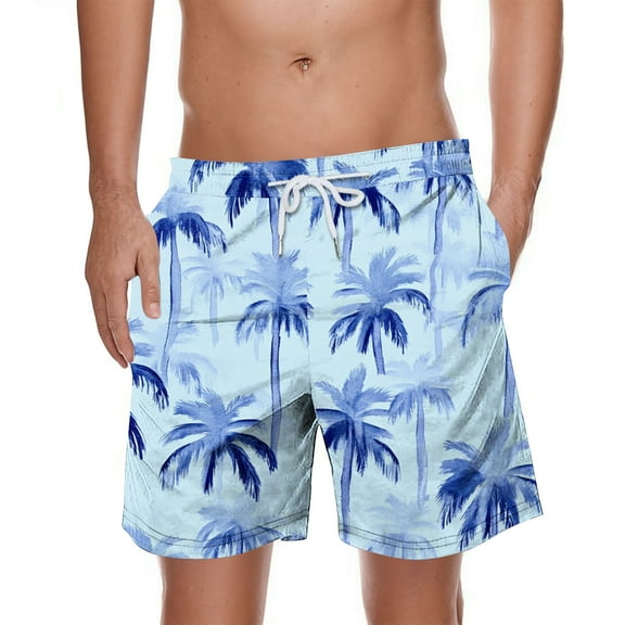 PNTUTB Hawaiian Men's Fashion Casual Coconut Tree Print Comfort Loose Elastic Drawstring Beach Shorts with Pockets