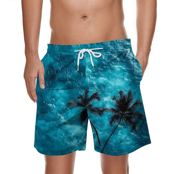 PNTUTB Hawaiian Men's Fashion Coconut Tree Print Casual Loose Elastic Drawstring Comfort Beach Shorts with Pockets