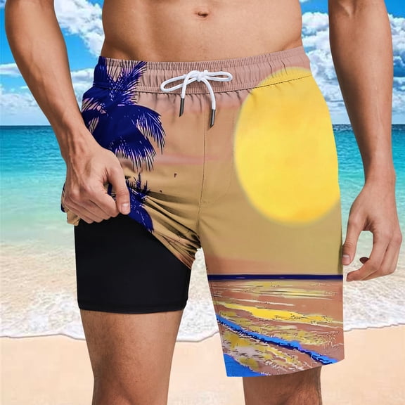 PNTUTB Hawaiian Men's Fashion Print Casual Elastic Waist Drawstring Pocket Lined Comfortable Beach Shorts
