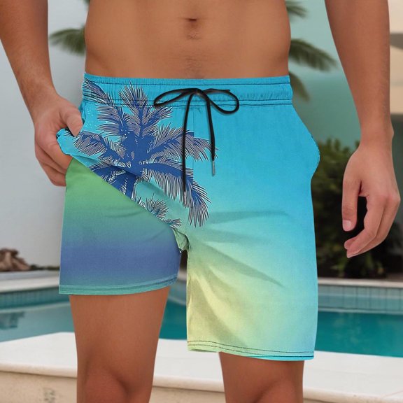 PNTUTB Hawaiian Men's Fashion Print Elastic Drawstring Casual Double Layer Comfort Beach Shorts with Pockets