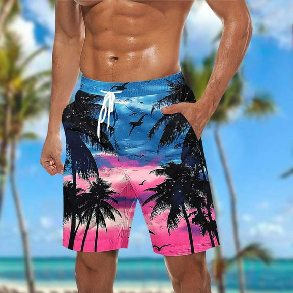 PNTUTB Hawaiian Men's Fashion Printed Elastic Drawstring Casual Loose Summer Beach Shorts with Pockets