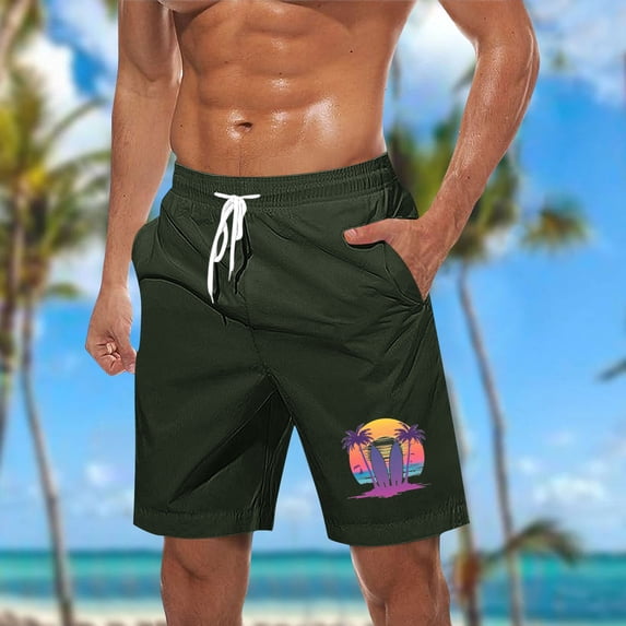 PNTUTB Hawaiian Men's Solid Color Matching Fashion Print Casual Elastic Drawstring Pocket Beach Shorts