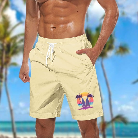 PNTUTB Hawaiian Men's Solid Color Matching Fashion Print Casual Elastic Drawstring Pocket Beach Shorts