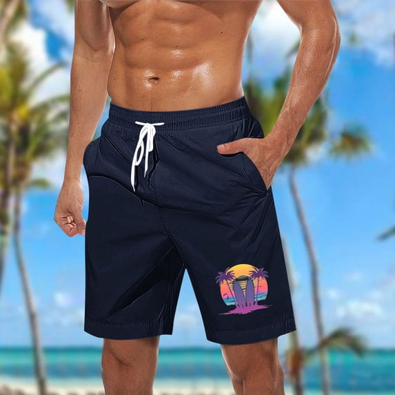 PNTUTB Hawaiian Men's Solid Color Matching Fashion Print Casual Elastic Drawstring Pocket Beach Shorts