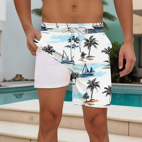 PNTUTB Hawaiian Men's Summer Fashion Printed Casual Elastic Drawstring Pockets Double Layer Beach Shorts