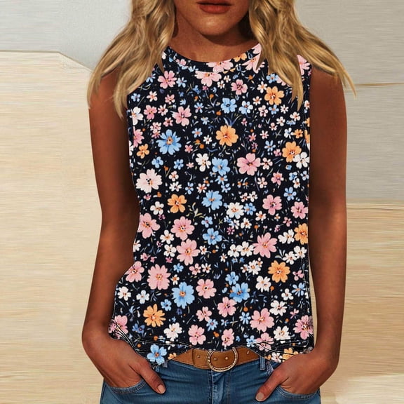 PNTUTB Ladies' Casual Basic Tees Comfortable Fit Printed Sleeveless Round Neck T-shirt Loose Tank