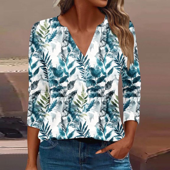 PNTUTB Ladies' Fashion Fall Clothes Printed V-neck Long Sleeve T-shirt Loose Basic Tees Blouses
