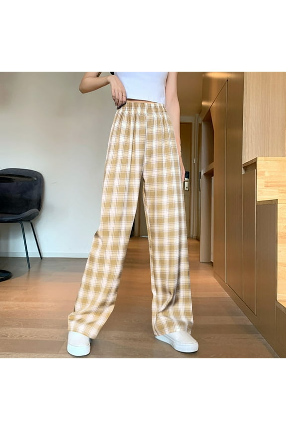 Ladies' Loose Hanging Basic Loose-fitting Straight Leg Pants Casual High Waisted Plaid Pants