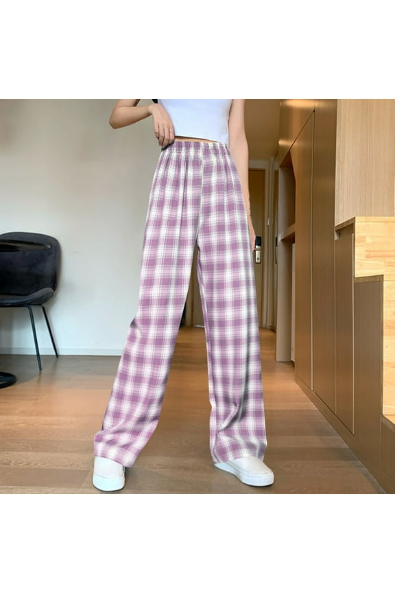 Ladies' Loose Hanging Basic Loose-fitting Straight Leg Pants Casual High Waisted Plaid Pants