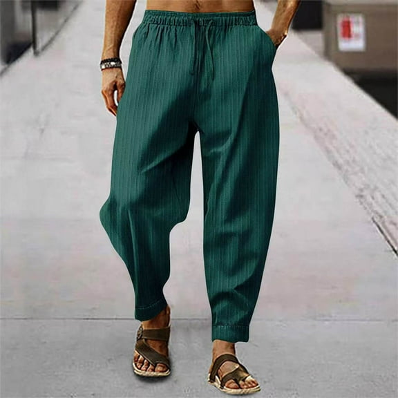 PNTUTB Linen Pants Men Solid Color Casual Elastic Drawstring Waist Pants Lightweight Breathable Baggy Pant with Pockets