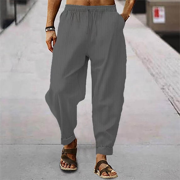 PNTUTB Linen Pants Men Solid Color Casual Elastic Drawstring Waist Pants Lightweight Breathable Baggy Pant with Pockets