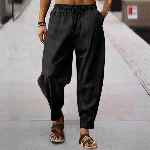 PNTUTB Linen Pants Men Solid Color Casual Elastic Drawstring Waist Pants Lightweight Breathable Baggy Pant with Pockets