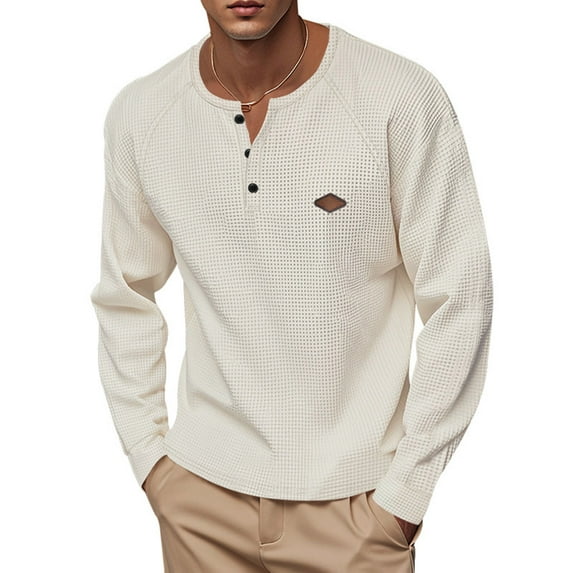 PNTUTB Long Sleeve Loose Shirts for Men Waffle Button Fashion Casual Tops Pullover T Shirt