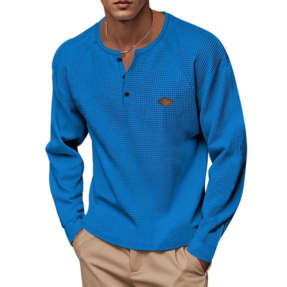 PNTUTB Long Sleeve Loose Shirts for Men Waffle Button Fashion Casual Tops Pullover T Shirt