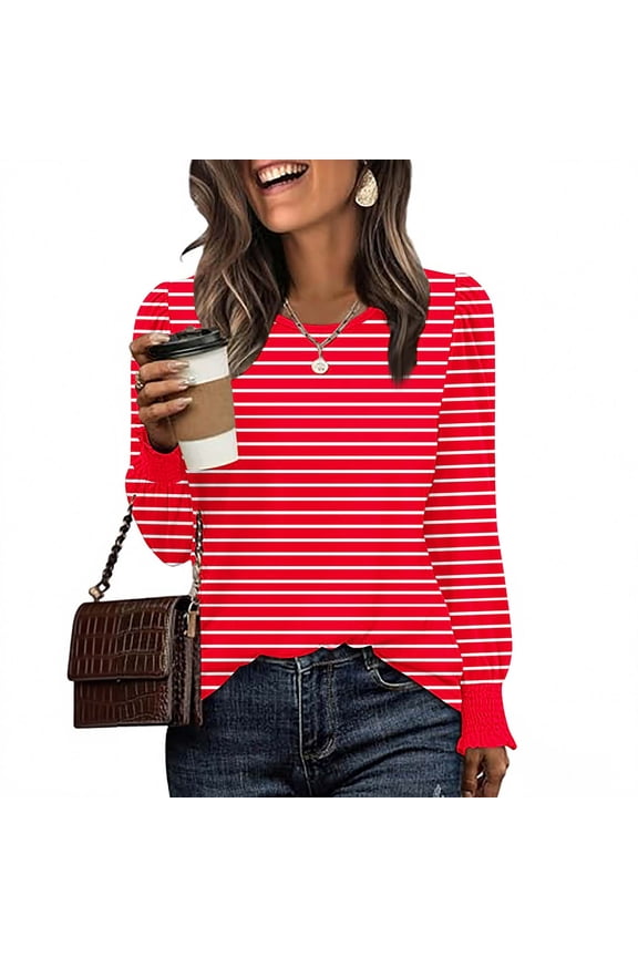 Long Sleeve Shirts for Women Fashion Stripes Casual Pullover Crew Neck Fall Undershirt