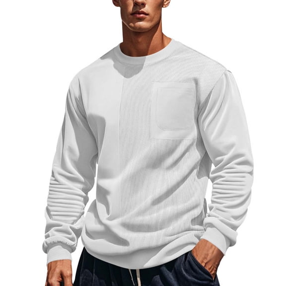 PNTUTB Men Casual Fashion Solid Color Pullover Textured Patch Pocket Long Sleeve Round Neck Shirts