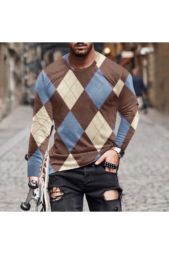 Men Casual Fashion Square Color Blocking Printing Round Neck Pullover Long Sleeve T Shirt