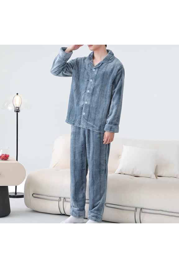 Men Printing Flannel Winter Lapel Thickening Warm Cardigan Pajamas Suit Set