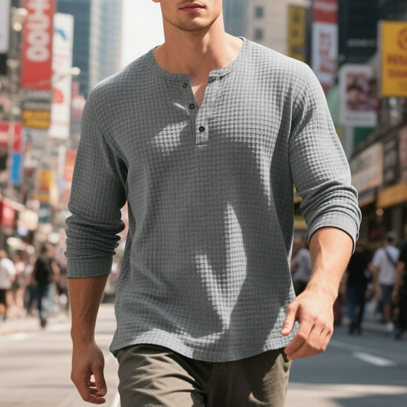 PNTUTB Men Small Square Casual Fashion Solid Color Long Sleeve Round Collar Button Comfort Top