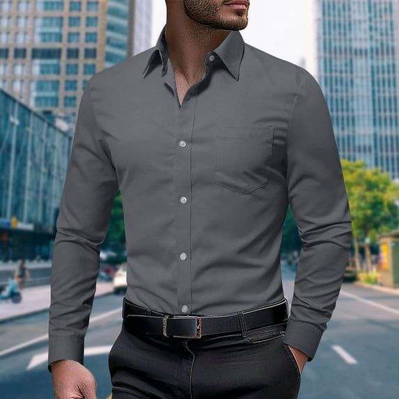 PNTUTB Men's Casual Business Solid Color Button Down Collared Blouse Dressy Long Sleeve Comfort Shirts with Pocket