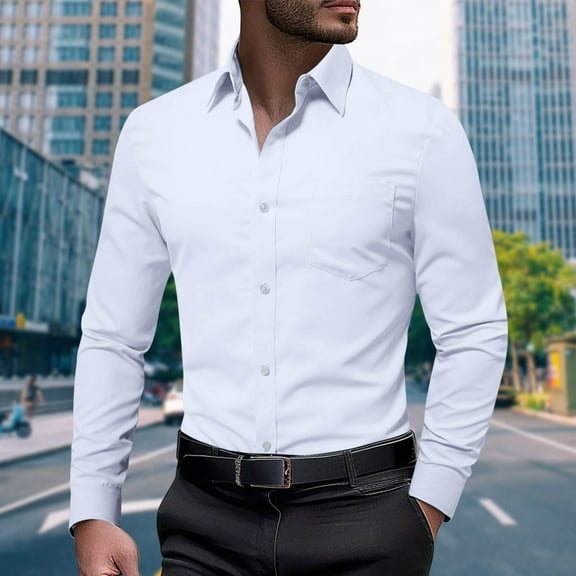 PNTUTB Men's Casual Business Solid Color Button Down Collared Blouse Dressy Long Sleeve Comfort Shirts with Pocket