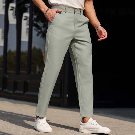 PNTUTB Men's Casual Business Solid Color Button Front Zipper Comfortable Straight Leg Trousers with Pockets