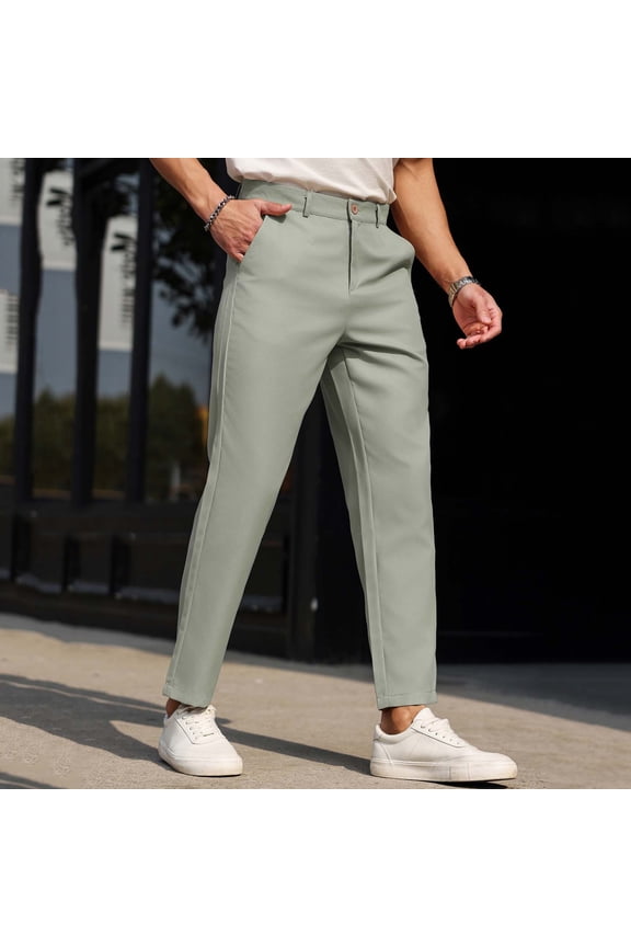 Men's Casual Business Solid Color Button Front Zipper Comfortable Straight Leg Trousers with Pockets