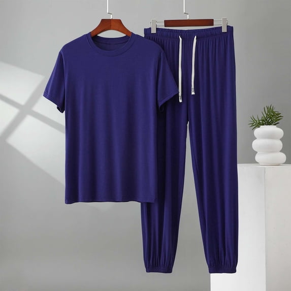 PNTUTB Men's Casual Loose Solid Color Crew Neck Short Sleeve T Shirt with Elastic Waist Drawstring and Cuffed Leg Pants Set