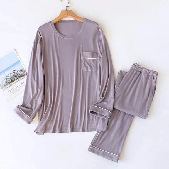 PNTUTB Men's Casual Pullover Sleepwear Solid Color Round Neck Loungewear Loose Soft Comfort Pajamas Set with Pocket