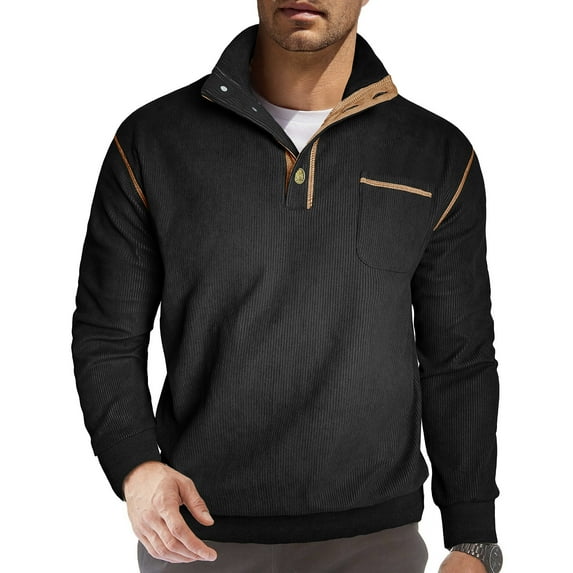 PNTUTB Men's Casual Quarter Button Stand Collar Long Sleeve Color-blocked Comfortable Warm Pullover Tops with Pocket