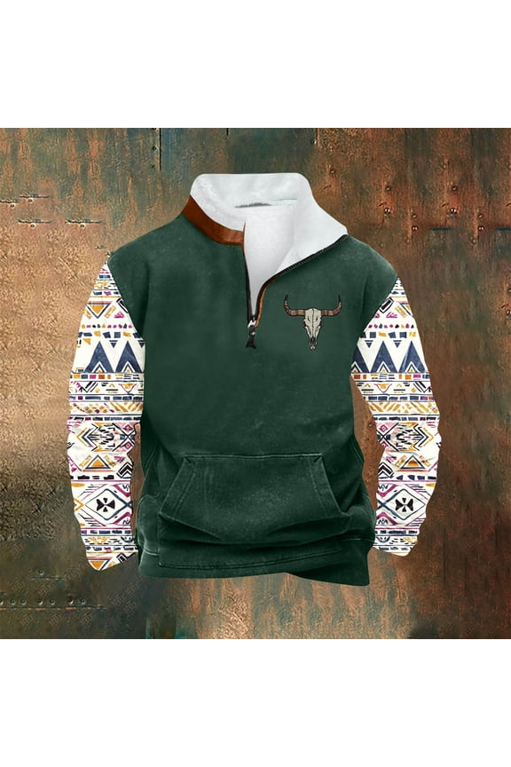 Men's Casual Retro Ethnic Print Fleece Stand-up Collar Quarter Zip Warm Pullover Sweatshirts with Pocket