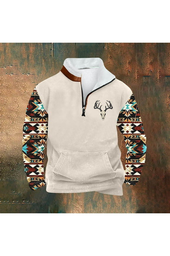 Men's Casual Retro Ethnic Print Fleece Stand-up Collar Quarter Zip Warm Pullover Sweatshirts with Pocket