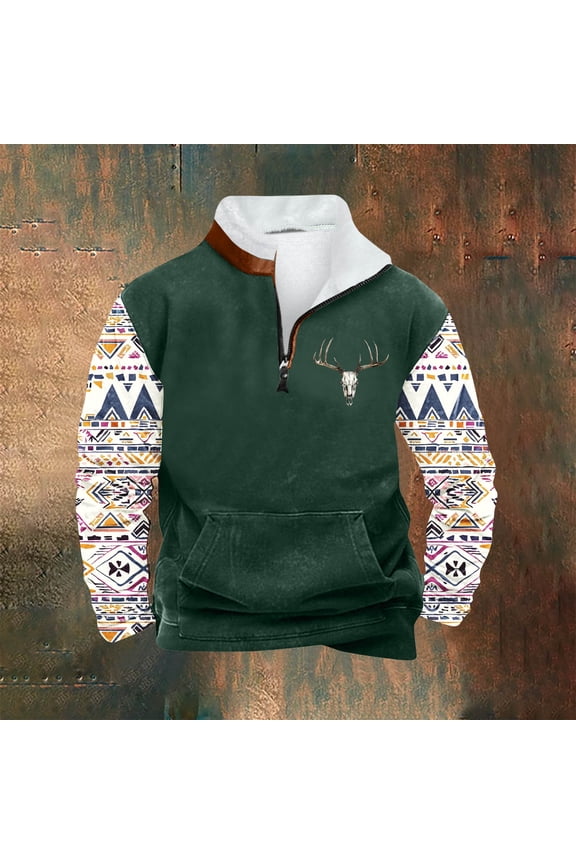 Men's Casual Retro Ethnic Print Fleece Stand-up Collar Quarter Zip Warm Pullover Sweatshirts with Pocket