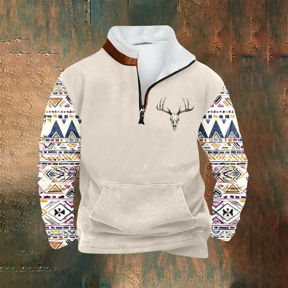 PNTUTB Men's Casual Retro Ethnic Print Fleece Stand-up Collar Quarter Zip Warm Pullover Sweatshirts with Pocket