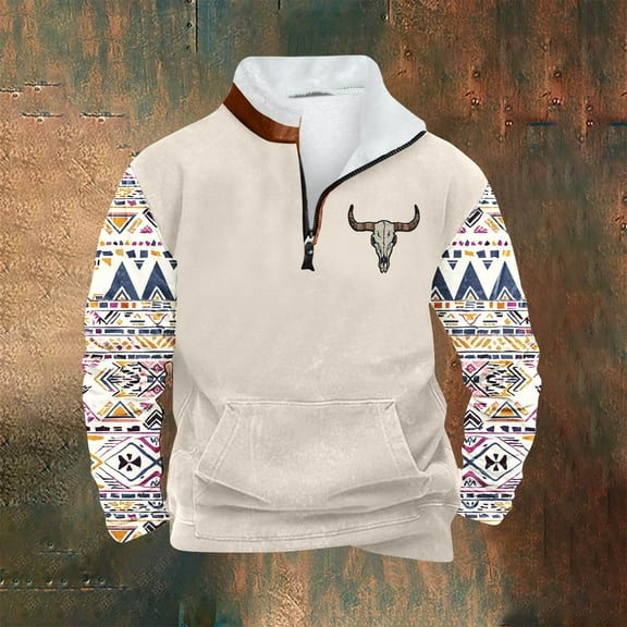 PNTUTB Men's Casual Retro Ethnic Print Fleece Stand-up Collar Quarter Zip Warm Pullover Sweatshirts with Pocket